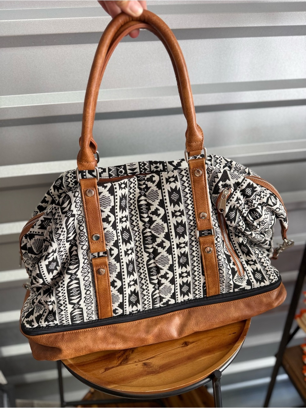Stylish Black & White Aztec Tote with Tan Trim